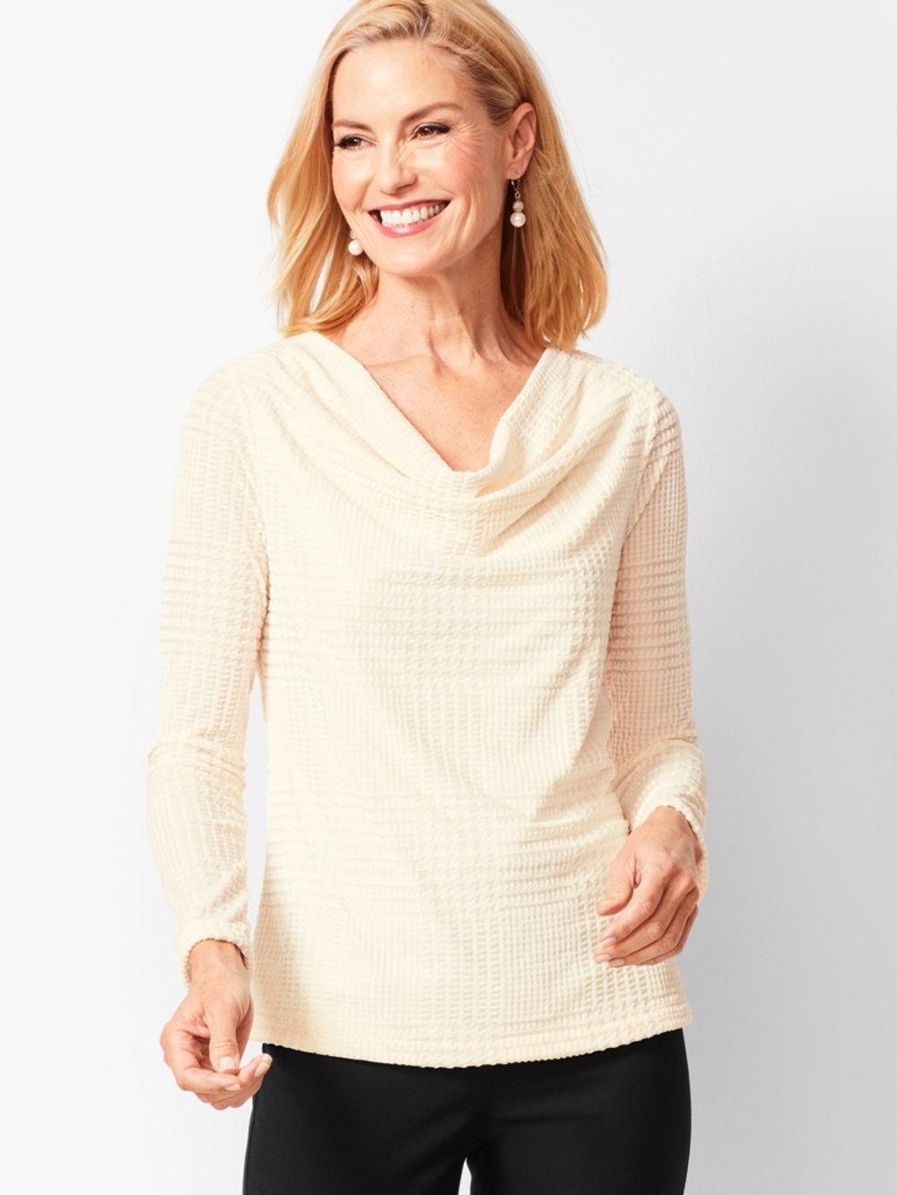 Talbots Ivory Cream HOUNDSTOOTH VELVET BURNOUT COWLNECK TOP Women’s size large